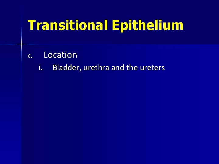 Transitional Epithelium Location c. i. Bladder, urethra and the ureters 