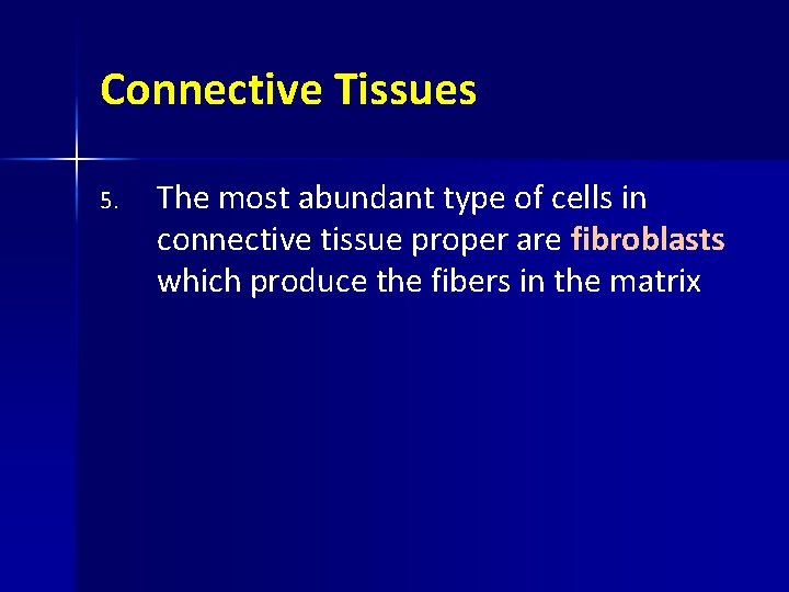 Connective Tissues 5. The most abundant type of cells in connective tissue proper are