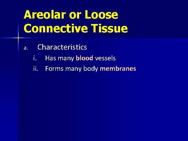 Areolar or Loose Connective Tissue a. Characteristics i. ii. Has many blood vessels Forms
