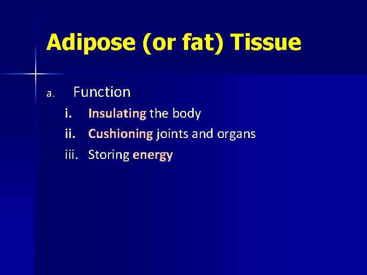 Adipose (or fat) Tissue a. Function i. iii. Insulating the body Cushioning joints and