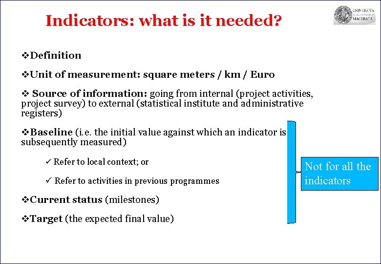 Indicators: what is it needed? v. Definition v. Unit of measurement: square meters /