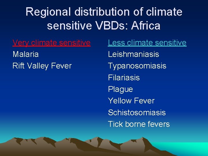 Regional distribution of climate sensitive VBDs: Africa Very climate sensitive Malaria Rift Valley Fever
