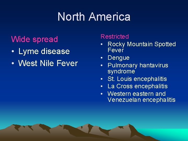 North America Wide spread • Lyme disease • West Nile Fever Restricted • Rocky