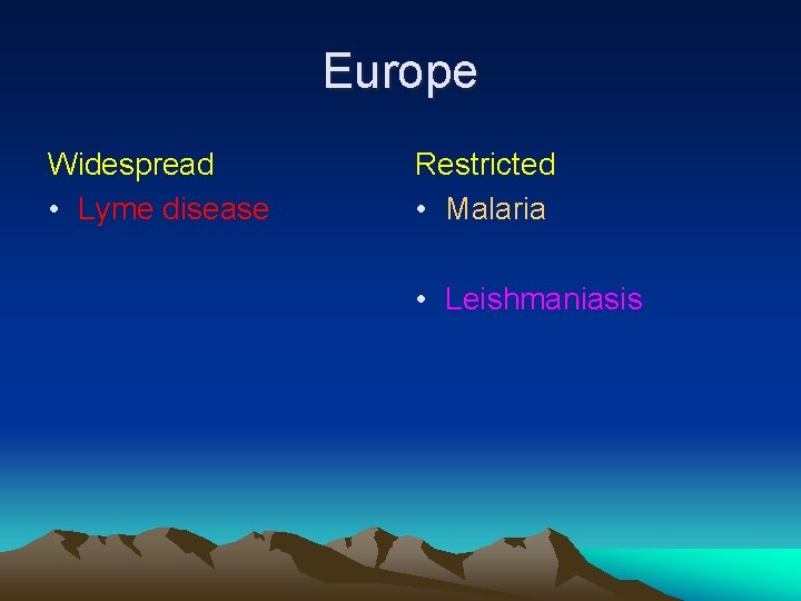 Europe Widespread • Lyme disease Restricted • Malaria • Leishmaniasis 