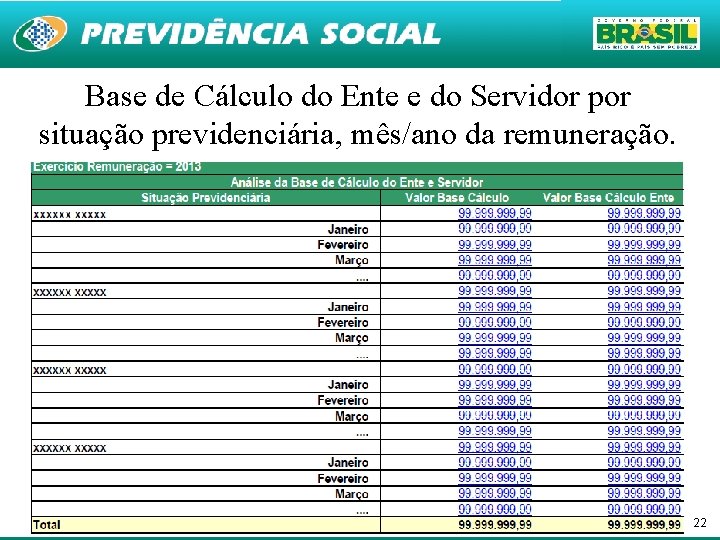 Base de Cálculo do Ente e do Servidor por situação previdenciária, mês/ano da remuneração.