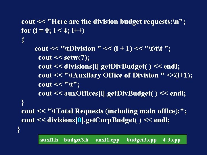 cout << "Here are the division budget requests: n"; for (i = 0; i