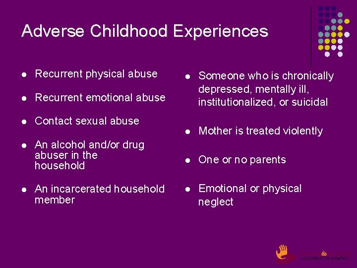 Adverse Childhood Experiences l Recurrent physical abuse l Recurrent emotional abuse l Contact sexual