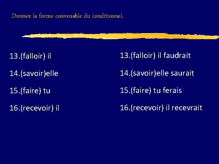 Donnez la forme convenable du conditionnel. 13. (falloir) il faudrait 14. (savoir)elle saurait 15.