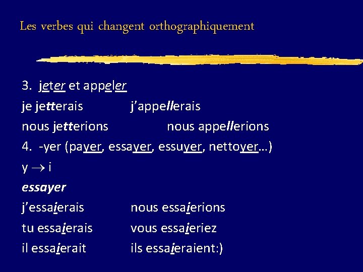 Les verbes qui changent orthographiquement 3. jeter et appeler je jetterais j’appellerais nous jetterions