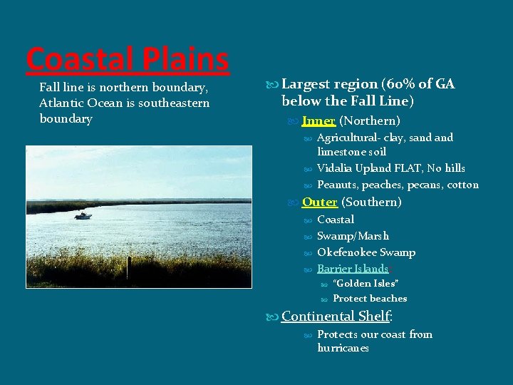 Coastal Plains Fall line is northern boundary, Atlantic Ocean is southeastern boundary Largest region