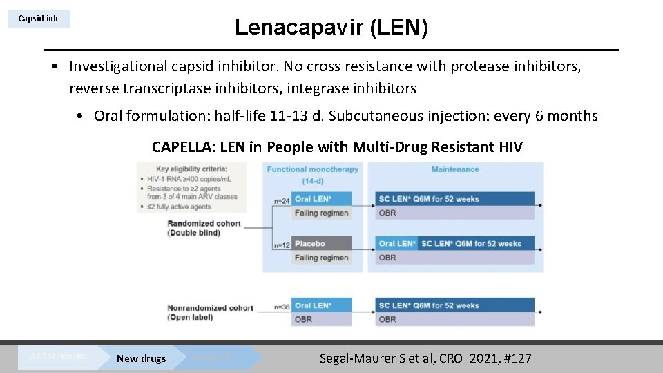 Capsid inh. Lenacapavir (LEN) • Investigational capsid inhibitor. No cross resistance with protease inhibitors,