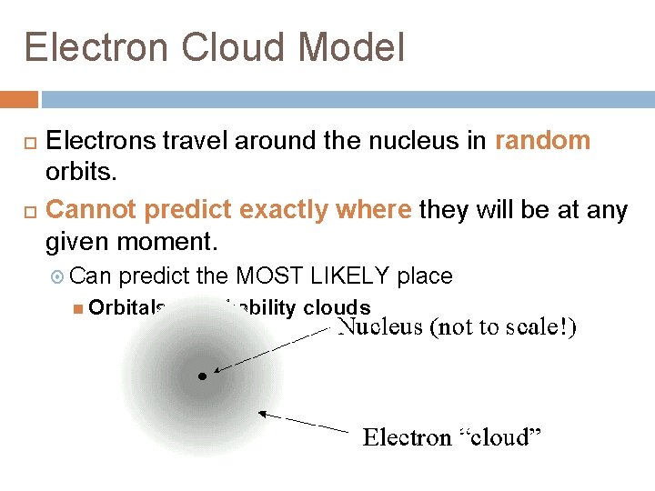 Electron Cloud Model Electrons travel around the nucleus in random orbits. Cannot predict exactly