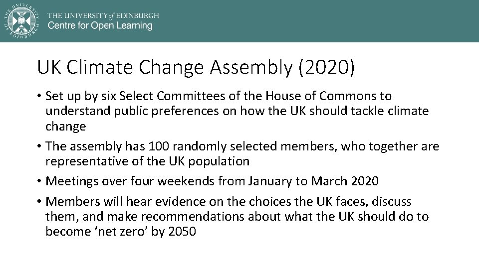 UK Climate Change Assembly (2020) • Set up by six Select Committees of the