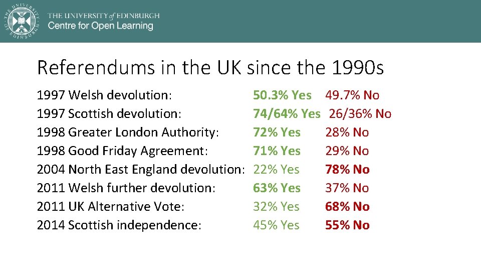 Referendums in the UK since the 1990 s 1997 Welsh devolution: 1997 Scottish devolution: