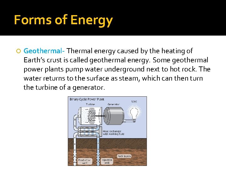 Forms of Energy Geothermal- Thermal energy caused by the heating of Earth’s crust is