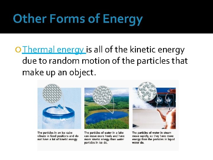 Other Forms of Energy Thermal energy is all of the kinetic energy due to