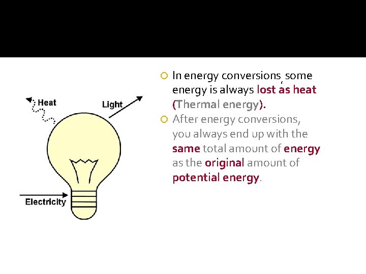 In energy conversions, some energy is always lost as heat (Thermal energy). After energy