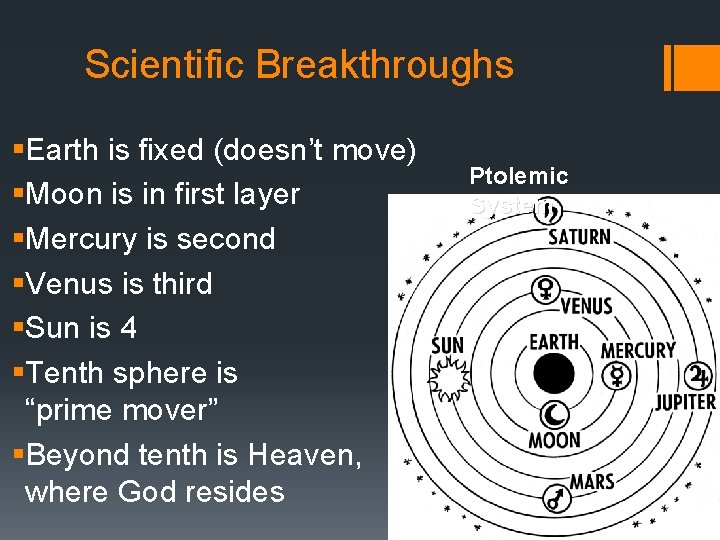 Scientific Breakthroughs §Earth is fixed (doesn’t move) §Moon is in first layer §Mercury is