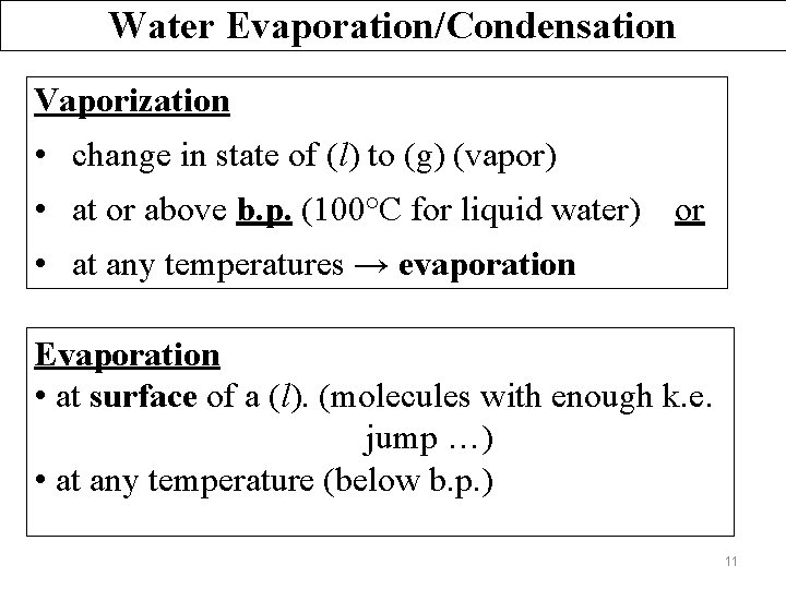 Water Evaporation/Condensation Vaporization • change in state of (l) to (g) (vapor) • at