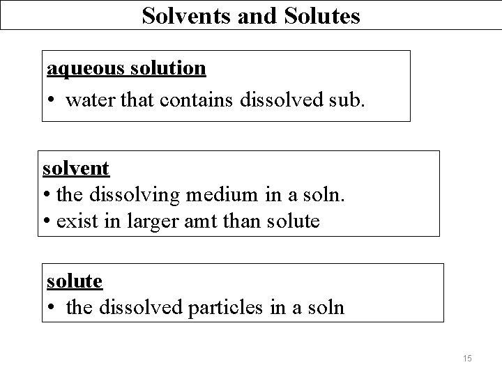 Solvents and Solutes aqueous solution • water that contains dissolved sub. solvent • the