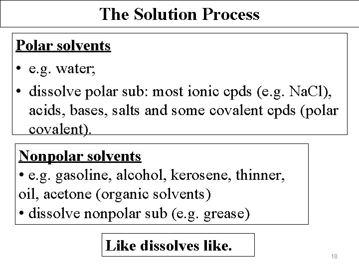 The Solution Process Polar solvents • e. g. water; • dissolve polar sub: most