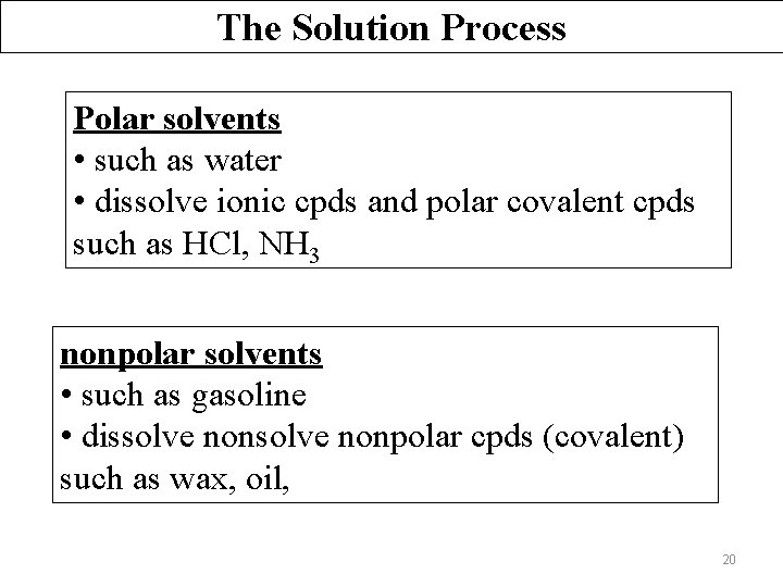 The Solution Process Polar solvents • such as water • dissolve ionic cpds and