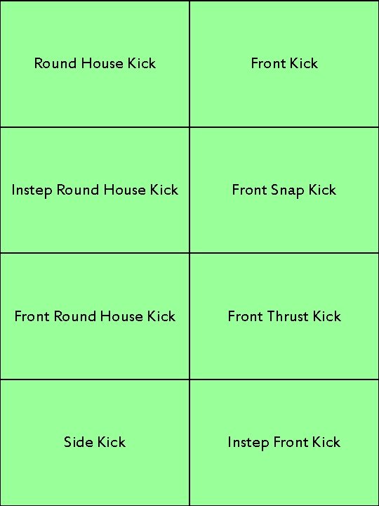 Round House Kick Front Kick Instep Round House Kick Front Snap Kick Front Round