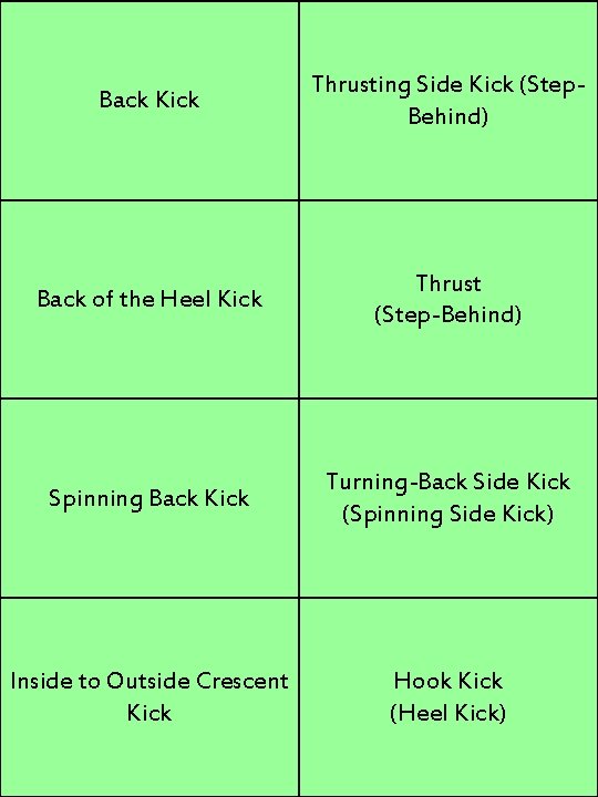 Back Kick Thrusting Side Kick (Step. Behind) Back of the Heel Kick Thrust (Step-Behind)