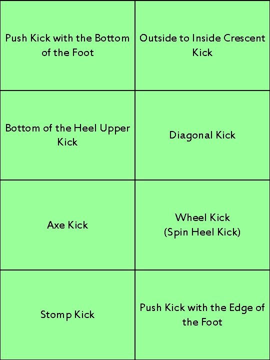 Push Kick with the Bottom Outside to Inside Crescent of the Foot Kick Bottom