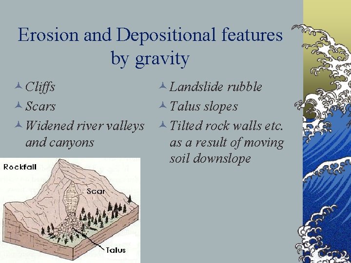 Erosion and Depositional features by gravity © Cliffs © Landslide rubble © Scars ©