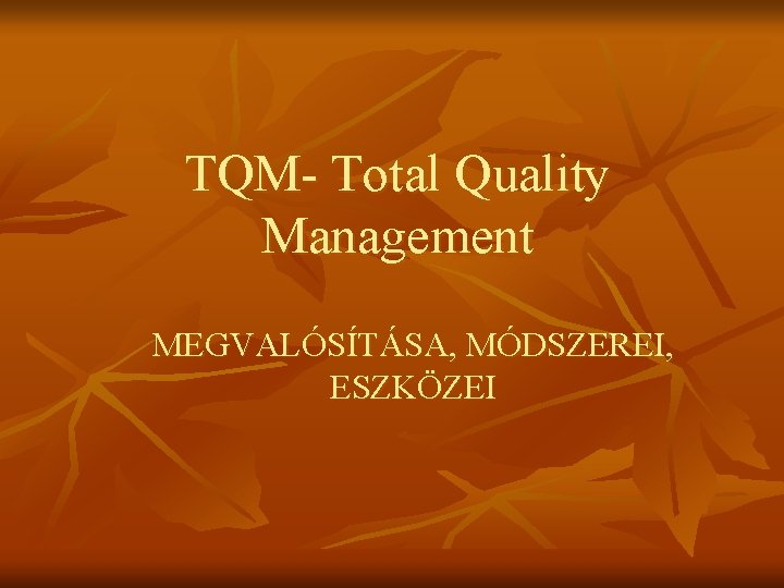 TQM- Total Quality Management MEGVALÓSÍTÁSA, MÓDSZEREI, ESZKÖZEI 