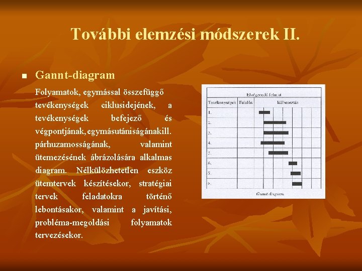 További elemzési módszerek II. n Gannt-diagram Folyamatok, egymással összefüggő tevékenységek ciklusidejének, a tevékenységek befejező