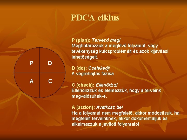 PDCA ciklus P (plan): Tervezd meg! Meghatározzuk a meglévő folyamat, vagy tevékenység kulcsproblémáit és