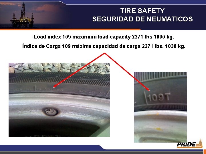 TIRE SAFETY SEGURIDAD DE NEUMATICOS Load index 109 maximum load capacity 2271 lbs 1030