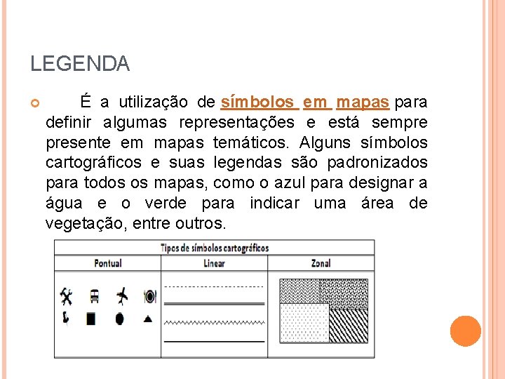 LEGENDA É a utilização de símbolos em mapas para definir algumas representações e está