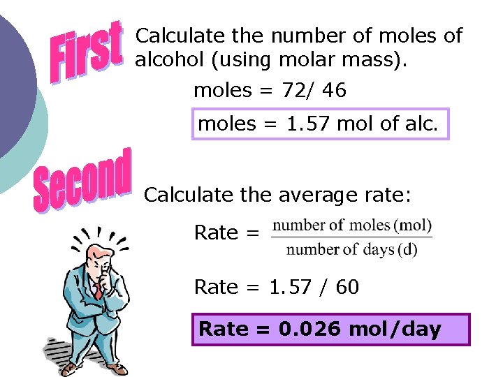 Calculate the number of moles of alcohol (using molar mass). moles = 72/ 46