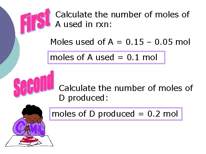 Calculate the number of moles of A used in rxn: Moles used of A