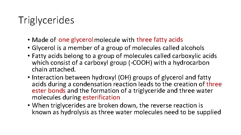 Triglycerides • Made of one glycerol molecule with three fatty acids • Glycerol is