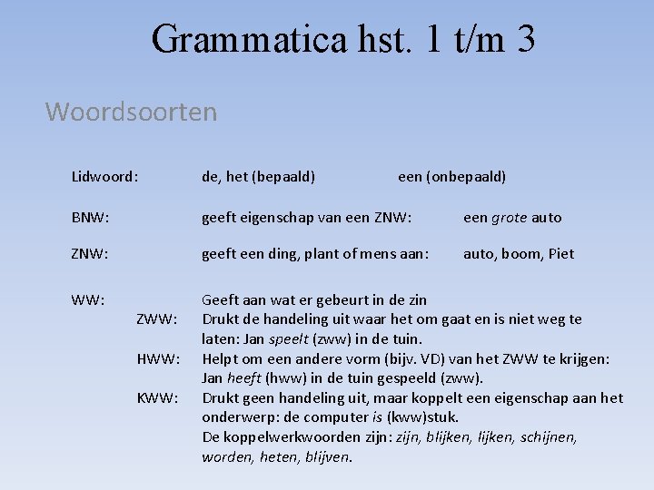 Grammatica hst. 1 t/m 3 Woordsoorten Lidwoord: de, het (bepaald) BNW: geeft eigenschap van