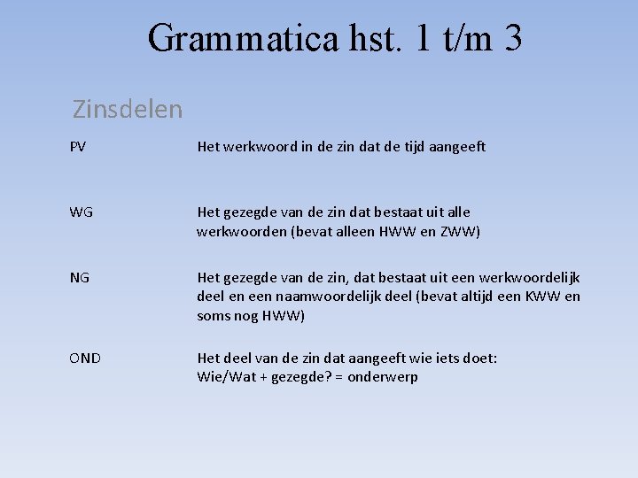 Grammatica hst. 1 t/m 3 Zinsdelen PV Het werkwoord in de zin dat de