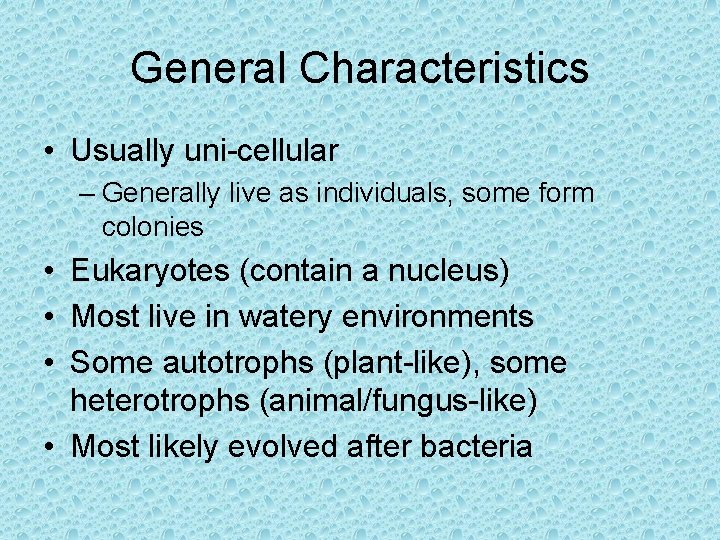 General Characteristics • Usually uni-cellular – Generally live as individuals, some form colonies •