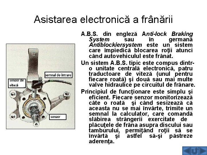 Asistarea electronică a frânării A. B. S. din engleză Anti-lock Braking System sau în