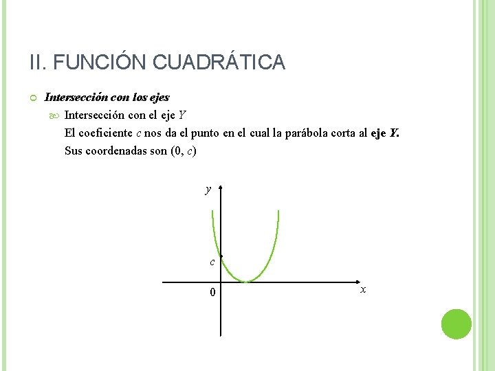 II. FUNCIÓN CUADRÁTICA Intersección con los ejes Intersección con el eje Y El coeficiente