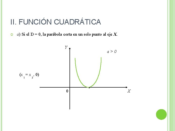 II. FUNCIÓN CUADRÁTICA a) Si el D = 0, la parábola corta en un