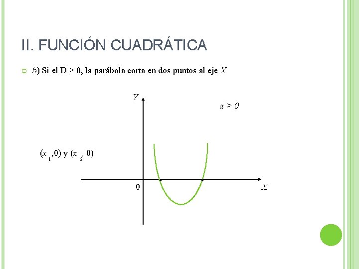 II. FUNCIÓN CUADRÁTICA b) Si el D > 0, la parábola corta en dos