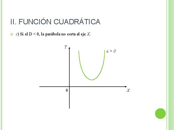 II. FUNCIÓN CUADRÁTICA c) Si el D < 0, la parábola no corta al