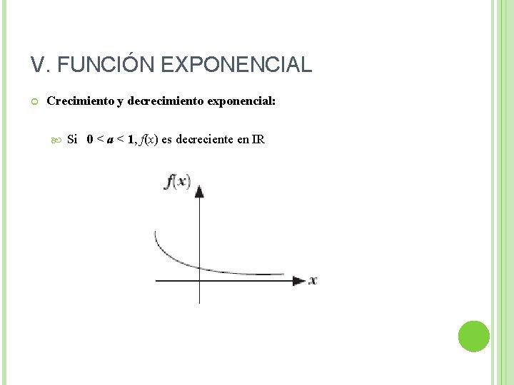 V. FUNCIÓN EXPONENCIAL Crecimiento y decrecimiento exponencial: Si 0 < a < 1, f(x)