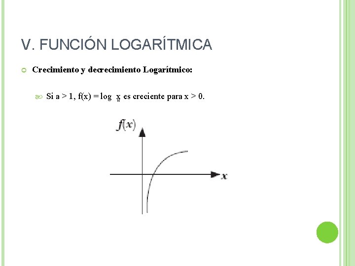 V. FUNCIÓN LOGARÍTMICA Crecimiento y decrecimiento Logarítmico: Si a > 1, f(x) = log