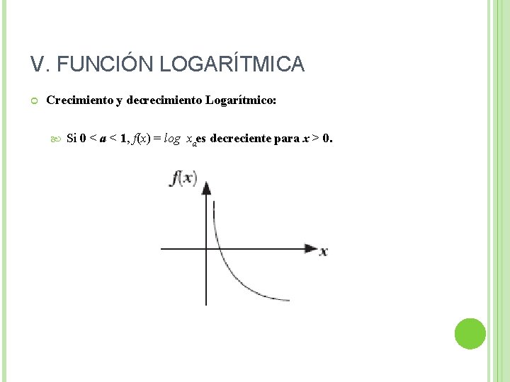 V. FUNCIÓN LOGARÍTMICA Crecimiento y decrecimiento Logarítmico: Si 0 < a < 1, f(x)