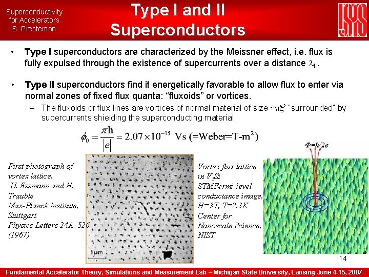 Superconductivity for Accelerators S. Prestemon Type I and II Superconductors • Type I superconductors